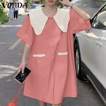 VONDA женское прямое платье с планкой и короткими рукавами с большими лацканами и контрастными цветами S розовый
