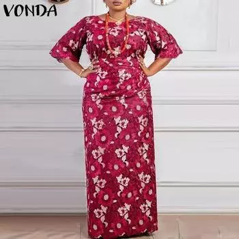 VONDA женское прямое свободное длинное платье больших размеров с круглым вырезом и коротким рукавом с цветочным принтом