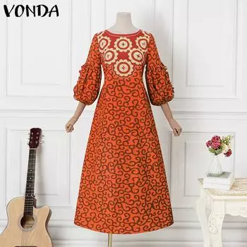 VONDA женское прямое свободное длинное платье большого размера с круглым вырезом и короткими рукавами и цветочным принтом