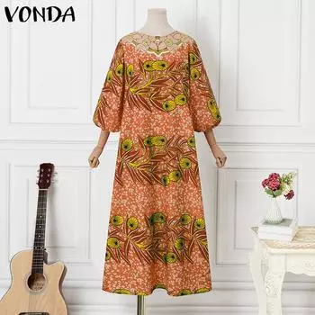 VONDA женское прямое свободное длинное платье большого размера с круглым вырезом и рукавами 3/4 с цветочным принтом M зелёный