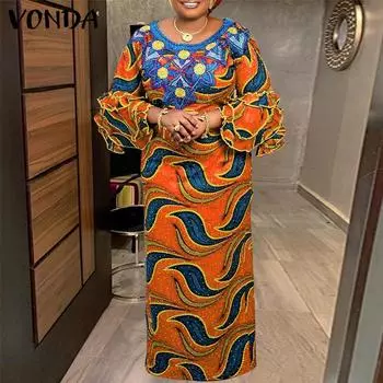 VONDA женское прямое свободное длинное платье больших размеров с круглым вырезом 3/4 и рукавами-колокольчиками с цветочным принтом