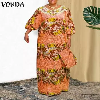 Женское прямое свободное длинное платье большого размера с круглым вырезом и рукавами 3/4 с цветочным принтом M зелёный