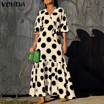 VONDA женское пышное платье с v-образным вырезом и длинными рукавами в горошек, с поясом в виде листьев лотоса, свободное длинное платье S чёрный