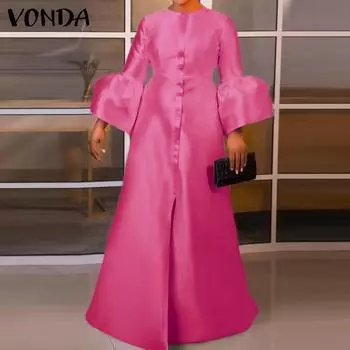 VONDA женское свадебное атласное однотонное свободное длинное платье большого размера с круглым вырезом 9/10 и длинными рукавами с разрезом