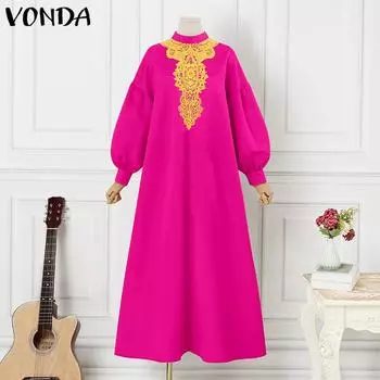 VONDA женское свободное длинное кружевное платье А-типа большого размера с воротником-стойкой и пышными рукавами 3/4 4XL ярко-розовый