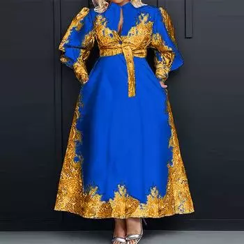 Женское свободное длинное платье с длинным рукавом и воротником-рубашкой больших размеров с принтом L белый