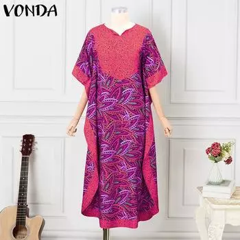 VONDA женское свободное длинное платье большого размера с круглым вырезом и длинными рукавами с рисунком и принтом