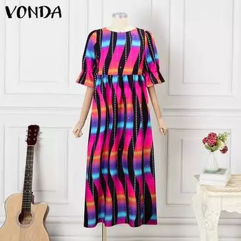 VONDA Женское свободное длинное платье большого размера с круглым вырезом и коротким рукавом с принтом M ярко-розовый
