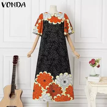 VONDA женское свободное длинное платье больших размеров с круглым вырезом и длинным рукавом с прямым принтом M зелёный