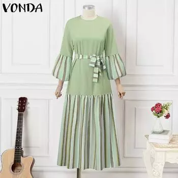 VONDA женское свободное длинное платье большого размера с круглым вырезом и длинными рукавами в полоску