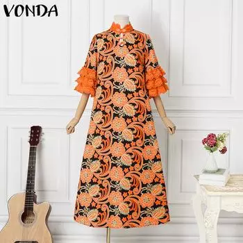 VONDA женское свободное длинное платье больших размеров с воротником-стойкой и длинным рукавом с цветочным принтом S оранжевый