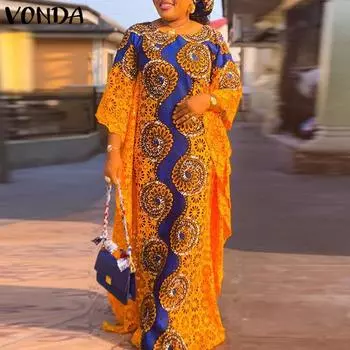 VONDA женское свободное длинное платье большого размера с круглым вырезом и короткими рукавами с принтом M оранжевый