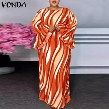 VONDA женское свободное длинное платье больших размеров с круглым вырезом, расклешенным длинным рукавом и принтом