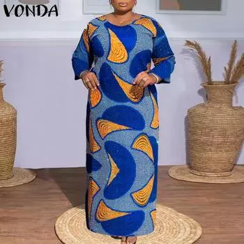 VONDA женское свободное длинное платье больших размеров с круглым вырезом и длинным рукавом с геометрическим узором