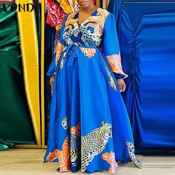 VONDA женское свободное платье больших размеров с v-образным вырезом и длинными рукавами, завязками на талии и животным принтом