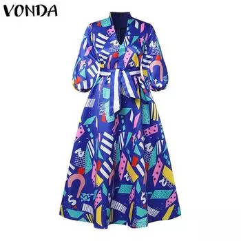 VONDA Женское свободное платье большого размера с v-образным вырезом и длинными рукавами и принтом 5XL ярко-розовый
