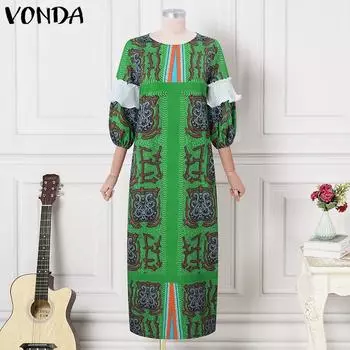VONDA Женское свободное платье большого размера с круглым вырезом и расклешенным коротким рукавом с принтом M зелёный