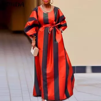 VONDA женское свободное платье большого размера с круглым вырезом 3/4 и длинными рукавами и поясом в полоску M красный