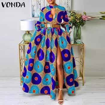 VONDA женское свободное платье большого размера с воротником-стойкой и длинными рукавами с разрезом и принтом L ярко-розовый