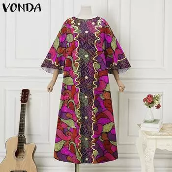 VONDA женское свободное прямое длинное платье большого размера с круглым вырезом и длинными рукавами и принтом M ярко-розовый