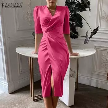 VONDA женское вечернее элегантное повседневное платье-миди с коротким рукавом и V-образным вырезом для похудения