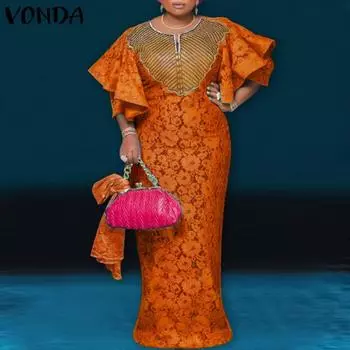 VONDA женское вечернее платье с круглым вырезом и оборками на рукавах с винтажным принтом