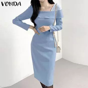 VONDA женское весеннее тонкое элегантное платье миди с квадратным вырезом и длинными рукавами