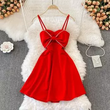 Voorjaar 2022 Nieuwe Sexy Slim Boog Laag Uitgesneden Jarretel Jurk Korte A-lijn Jurk с открытой спиной