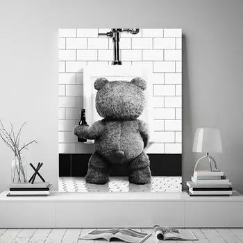 Ворчливый медведь пьет пиво и мочится в унитаз холст постеры абстрактные настенные художественные принты винтажные картины для ванной комнаты домашний декор 21x30cm No Framed