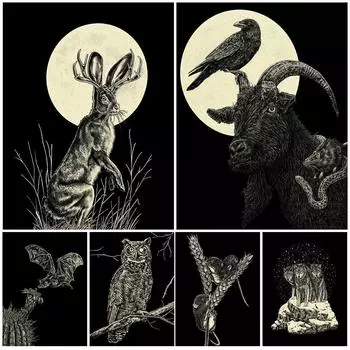 Вороны, летучие мыши, совы, волки, мыши Волшебное существо Черно-белая настенная живопись на холсте Готическая живопись с животными Плакат с принтом Домашний декор без рамки 21*30cm