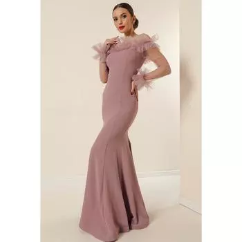 Воротник и рукава Длинное платье из крепа с подкладкой из тюля с бусинами