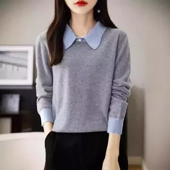 Воротник-поло с лацканами, свитер, женский свободный ленивый трикотажный свитер с цветными блоками, базовая рубашка, внутренний топ S