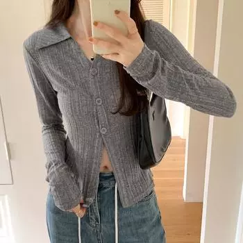 Воротник поло с правым плечом вязаный кардиган пальто женский ранняя осень новый приталенный внешний полосатый топ с длинными рукавами S