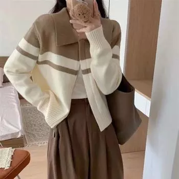 Воротник-поло, вязаный кардиган в контрастную полоску, женский осенне-зимний корейский свободный воротник-поло, короткий кардиган на молнии, свитер, пальто