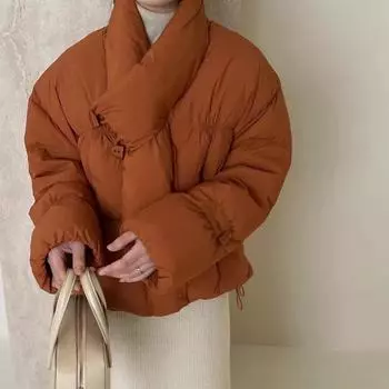 Воротник-шарф 2024 осень-зима новый женский пуховик короткий в стиле колледжа маленький белый утиный пуховый хлеб куртка Average size 90-72.5 kg чёрный