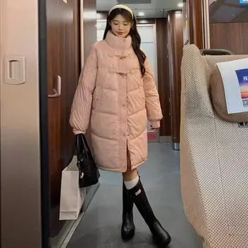 Воротник-стойка длинный новый свободный средний и длинный женский пуховый хлопок одежда зимняя мода универсальная хлопковая подбитая одежда куртка S чёрный