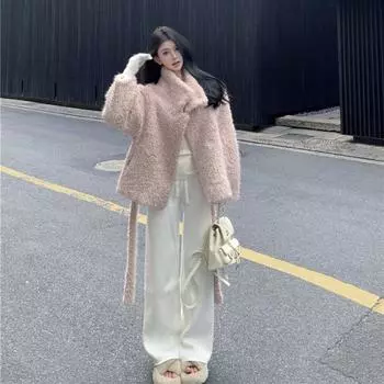 Воротник-стойка из экологически чистого меха женская зимняя меховая интегрированная маленькая короткая пушистая куртка на шнуровке пальто S