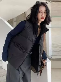 Воротник-стойка, пуховый жилет, женская верхняя одежда, легкий и теплый дизайн, ощущение тепла, белый жилет из утиного пуха, жилет с большим вырезом, большой размер прилива S хаки