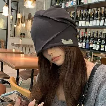 Ворсовая шапка женское лицо маленькая тонкая осень большая окружность головы шерстяная сумка голова холодная шапка 2024 новый пуловер вязаная шапка One size чёрный