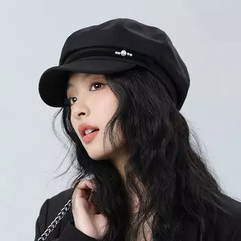 Восьмиугольная кепка женская жемчужная берет однотонная винтажная кепка газетчика чёрный