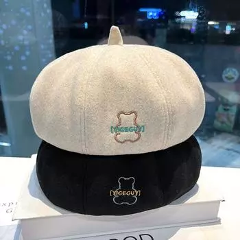 Восьмиугольная шапка с вышитыми буквами и маленьким медвежонком, детская модная шапка-художник нового стиля M56-58cm чёрный