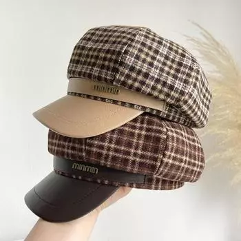 Восьмиугольная шляпа детская ретро универсальная литературная шляпа художника в клетку осень и зима теплая маленькая клетчатая шерстяная шляпа газетчика прилив hat circumference (55-59cm) adjustable size верблюд