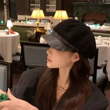 Восьмиугольная шляпа из искусственной кожи в стиле ретро для женщин, осень и зима, шерстяной берет с расширенным чувством постепенных изменений, британская ретро-шляпа газетчика Adjustable (54-59cm) чёрный