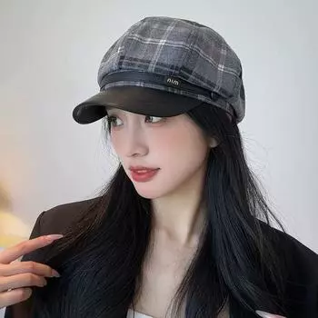 Восьмиугольная шляпа из кожи в клетку с полями для женщин на осень и зиму, новая повседневная универсальная шляпа для круглого лица, в небольшой модной шляпе художника-газетчика M56-58cm