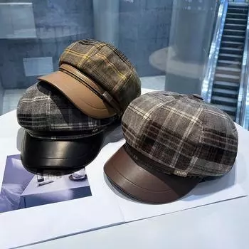 Восьмиугольная шляпа с кожаными полями, детская, осенне-зимняя, в клетку в стиле ретро, с изображением лица, корейская версия британской универсальной шляпы художника M56-58cm чёрный