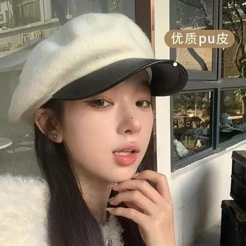 Восьмиугольная шляпа с полями из искусственной кожи для детей, осенне-зимняя шерстяная кепка с короткими полями, универсальная шляпа для газетчиков в стиле интернет-знаменитости M56-58cm чёрный