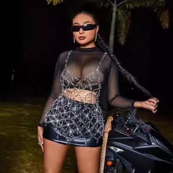 Восьмиугольные бусины, выдолбленные на голое тело, черный костюм с бисером, ручная работа, бодчейн, сексуальная одежда one size fits all белый