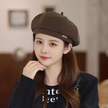 Восьмиугольный берет 2024 года, новая коричневая шляпа для женщин, весна-осень, корейская версия, модная универсальная шляпа для маленького художника M (56-58cm) letter mark CS чёрный