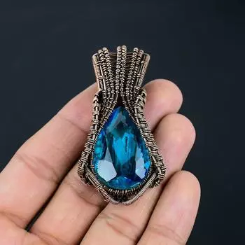 Восхитительная подвеска из медной проволоки ручной работы с драгоценным камнем из синего топаза для нее 2.56 Inches синий