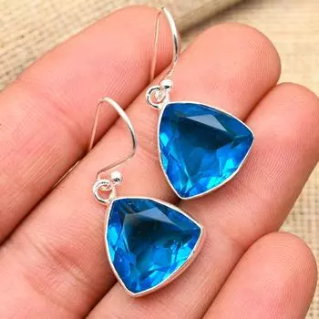 Восхитительные серьги из стерлингового серебра 925 пробы с голубым топазом ручной работы для свадебного подарка 1.4 Inches синий